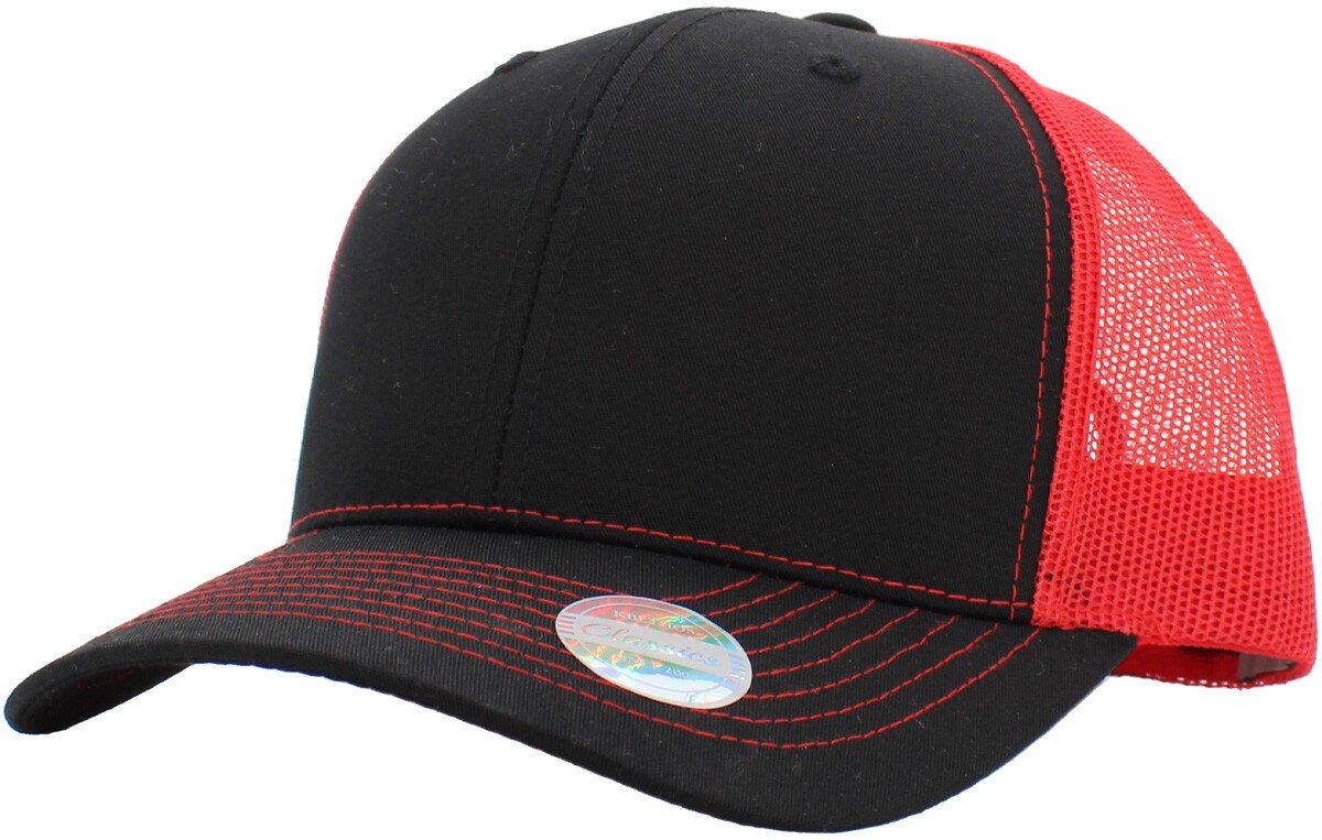 Black Red Two Tone Classic 6 Panel Trucker Mesh Snapback Front Side View